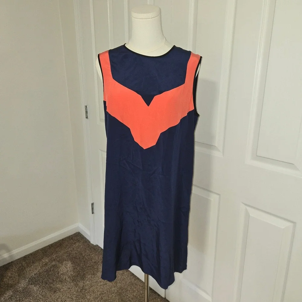 Jason Wu Silk Shift Dress Womens 6 Navy Blue Coral Colorblock Sleeveless Mini